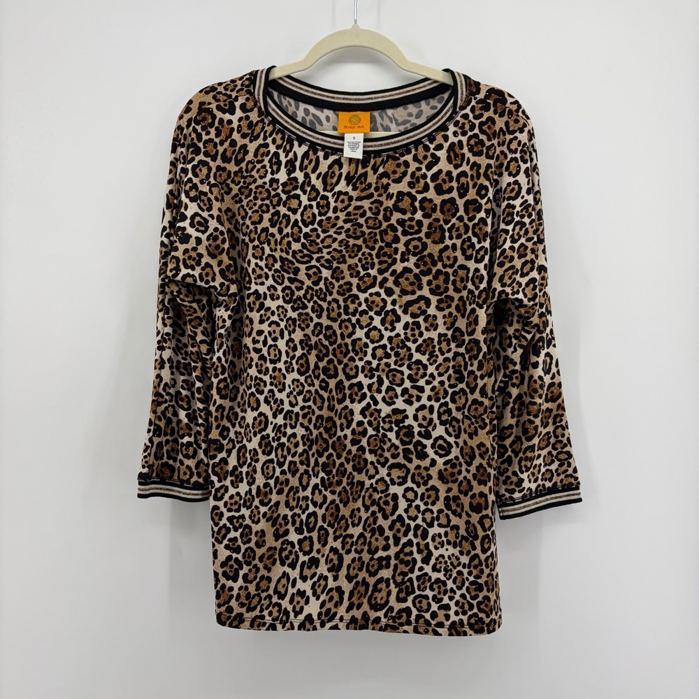 Ruby Rd Womens S Brown Leopard Print Studded 3/4 Sleeve Pullover Top Striped